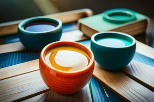 Trois coloré tasses de café asseoir sur une tableau. généré par ai photo