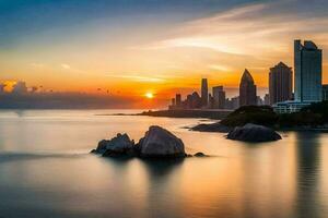 le Soleil ensembles plus de le ville horizon dans Singapour. généré par ai photo