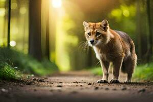 une rouge Renard permanent sur une saleté route dans le les bois. généré par ai photo