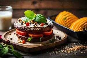 une sandwich avec tomates, fromage et herbes sur une en bois tableau. généré par ai photo