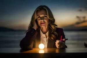 une femme séance à une table avec une lumière ampoule. généré par ai photo