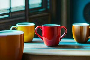 quatre coloré café tasses asseoir sur une tableau. généré par ai photo