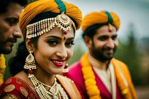 une la mariée et jeune marié dans traditionnel Indien tenue. généré par ai photo