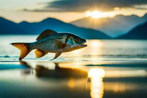 une poisson est permanent sur le plage à le coucher du soleil. généré par ai photo