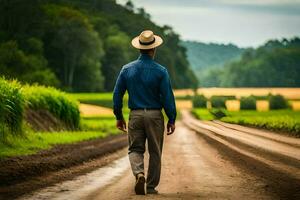 une homme dans une chapeau des promenades vers le bas une saleté route. généré par ai photo