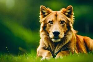 une d'or chien pose dans le herbe. généré par ai photo