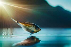 une poisson est flottant dans le l'eau avec le Soleil brillant. généré par ai photo