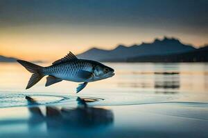 une poisson sauter en dehors de le l'eau à le coucher du soleil. généré par ai photo