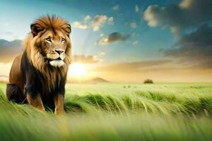 le Lion est séance dans le herbe à le coucher du soleil. généré par ai photo