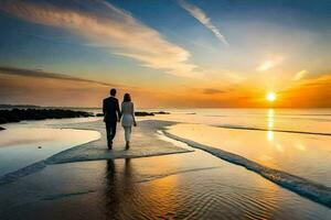 une couple des promenades le long de le plage à le coucher du soleil. généré par ai photo