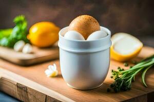 des œufs dans une tasse sur une Coupe planche. généré par ai photo