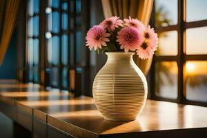 une vase de rose fleurs séance sur une table dans de face de une la fenêtre. généré par ai photo