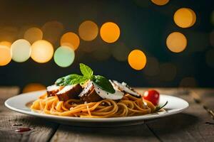spaghetti avec Viande et fromage sur une plaque. généré par ai photo