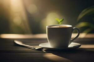 une tasse de café avec une plante croissance en dehors de il. généré par ai photo