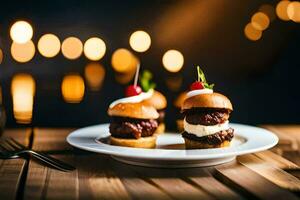 petit hamburgers sur une assiette avec une fourchette et couteau. généré par ai photo