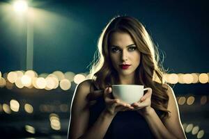 une femme en portant une tasse de café. généré par ai photo