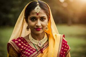 une magnifique Indien femme dans traditionnel tenue. généré par ai photo