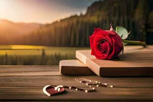 une rouge Rose est assis sur Haut de une en bois table avec une cœur collier. généré par ai photo