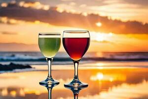 deux des lunettes de du vin sur le plage à le coucher du soleil. généré par ai photo