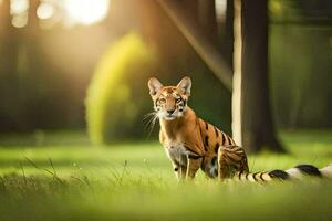 une tigre séance dans le herbe. généré par ai photo