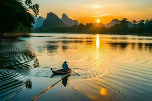 une homme aviron une bateau sur une rivière à le coucher du soleil. généré par ai photo