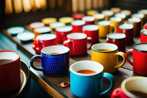 beaucoup coloré café tasses sont doublé en haut sur une tableau. généré par ai photo