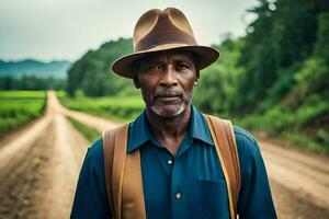 une homme dans une chapeau permanent sur une saleté route. généré par ai photo