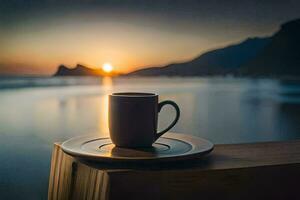 café tasse sur une en bois table avec le Soleil réglage derrière il. généré par ai photo