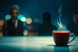 une tasse de café sur une table avec gens dans le Contexte. généré par ai photo