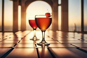 deux des lunettes de du vin sur une table avec une le coucher du soleil dans le Contexte. généré par ai photo