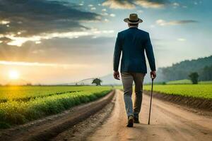 une homme dans une costume et chapeau en marchant vers le bas une saleté route. généré par ai photo