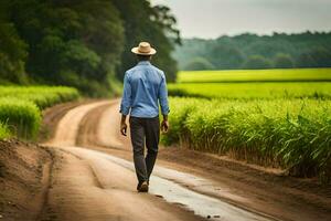 une homme dans une chapeau des promenades vers le bas une saleté route. généré par ai photo