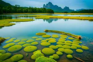 une Lac avec vert les plantes et l'eau fleurs de lys. généré par ai photo