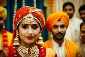 une magnifique Indien la mariée dans traditionnel tenue. généré par ai photo