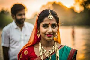 une magnifique Indien la mariée et jeune marié pose pour le caméra. généré par ai photo