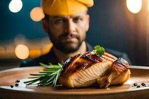 une homme dans une Jaune chapeau est en portant une pièce de Viande. généré par ai photo