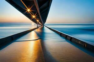 une longue pont plus de le océan à le coucher du soleil. généré par ai photo