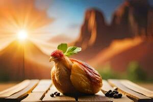 une poulet est séance sur une en bois table avec une Montagne dans le Contexte. généré par ai photo