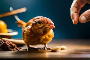 une poulet est étant nourris par une personne. généré par ai photo