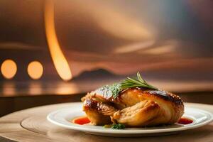 une poulet sur une assiette avec une vue de le océan. généré par ai photo