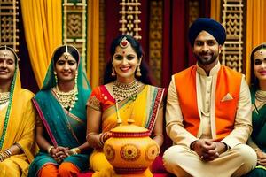 Indien mariage la cérémonie avec la mariée et jeune marié. généré par ai photo