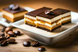 deux pièces de Chocolat gâteau avec café haricots. généré par ai photo