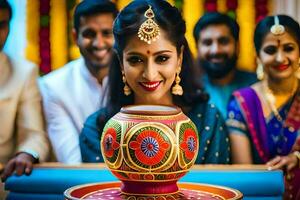 une femme dans traditionnel Indien tenue en portant une pot. généré par ai photo