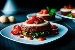 une assiette avec une sandwich avec des fraises et fromage. généré par ai photo