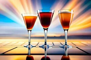 Trois des lunettes de du vin sur une table avec une le coucher du soleil dans le Contexte. généré par ai photo