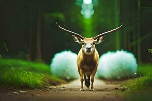 une cerf avec longue cornes en marchant vers le bas une chemin. généré par ai photo