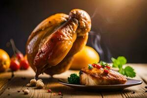 une rôti poulet sur une assiette avec des légumes et épices. généré par ai photo