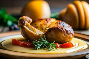 une poulet est servi sur une assiette avec sauce. généré par ai photo