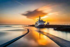 une bateau amarré à le rive pendant le coucher du soleil. généré par ai photo