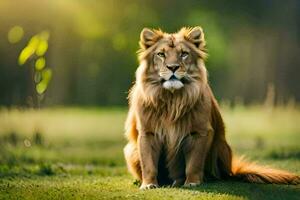 une Lion séance sur le herbe dans le lumière du soleil. généré par ai photo